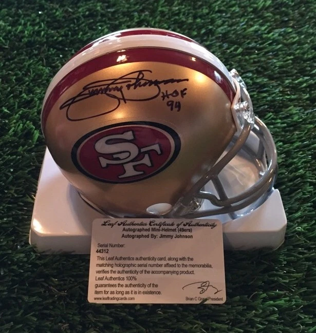 JIMMY JOHNSON AUTOGRAPH SAN FRANCISCO 49ERS MINI HELMET HOF 94 LEAF COA
