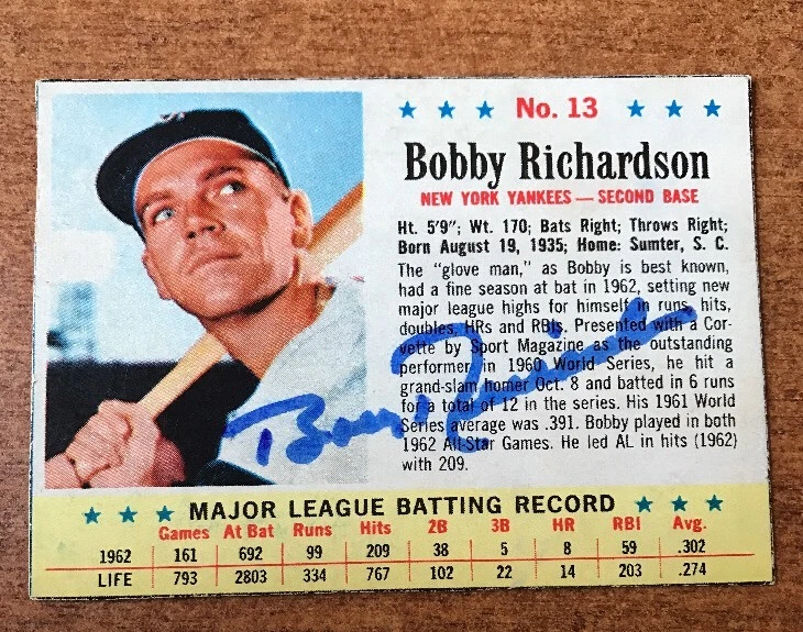 Bobby Richardson Yankees Signed 1963 Post Baseball Card Autographed JSA COA
