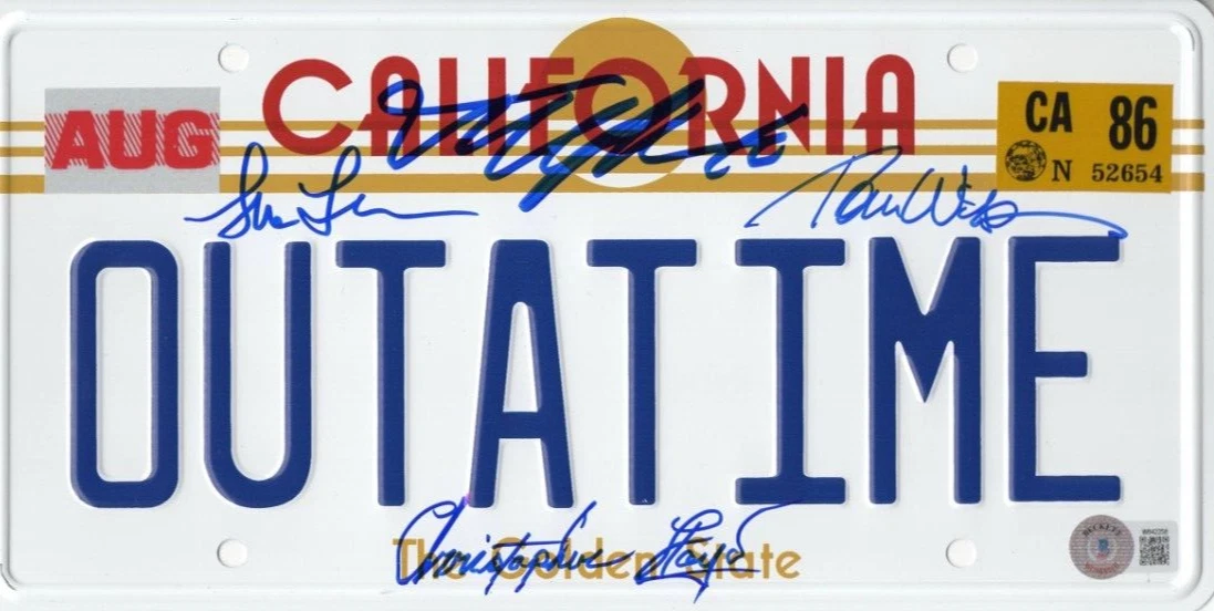 Back to the Future Cast Signed Outatime License Plate Autograph Beckett Witness

