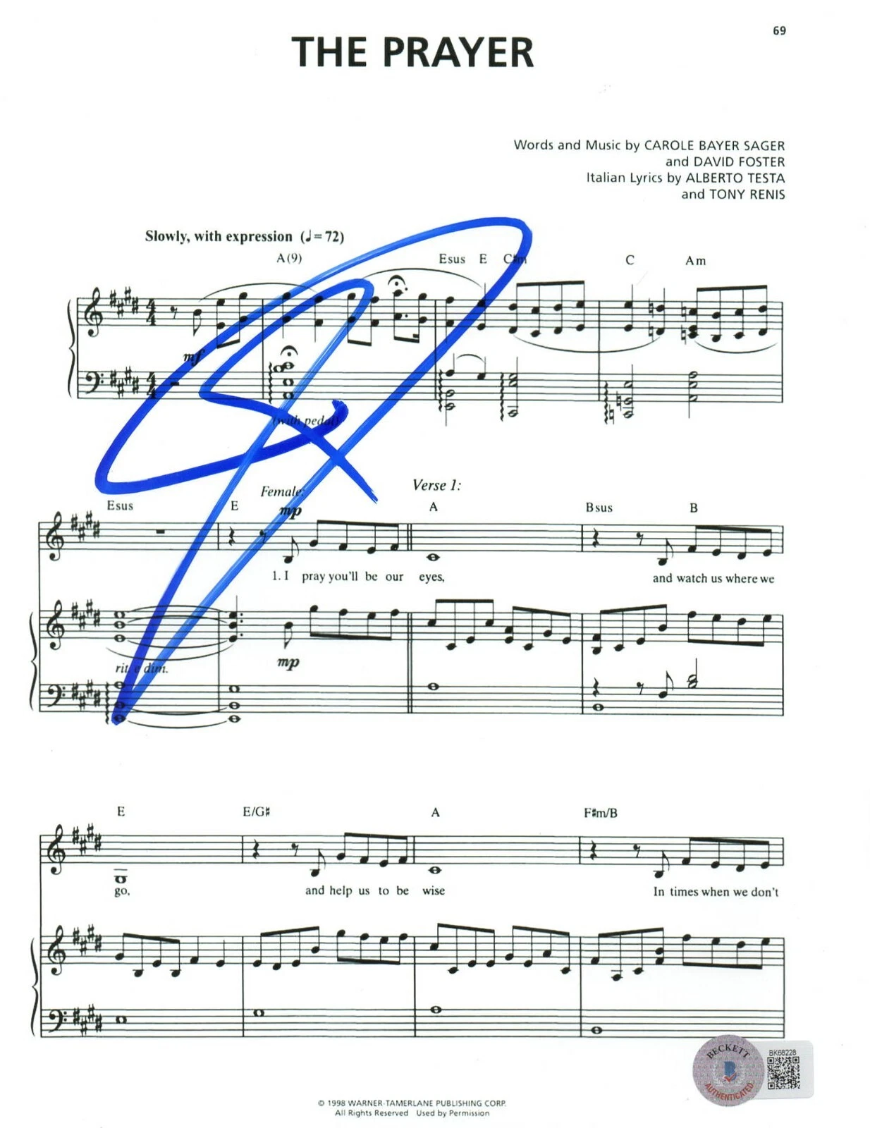 Josh Groban Signed Sheet Music The Prayer Authentic Autograph Beckett
