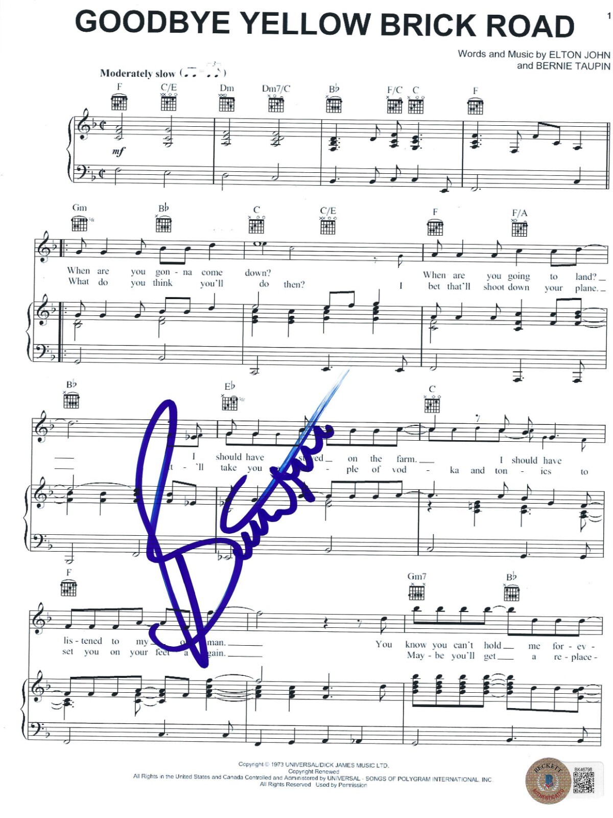 Bernie Taupin Signed Goodbye Yellow Brick Road Sheet Music Elton John Beckett
