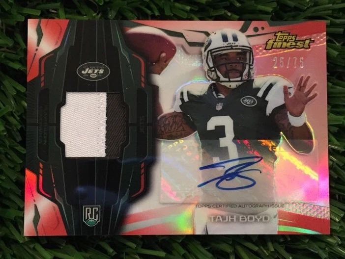 2014 TOPPS FINEST TAJH BOYD 2 CLR PATCH AUTO #ED /75 RC JETS
