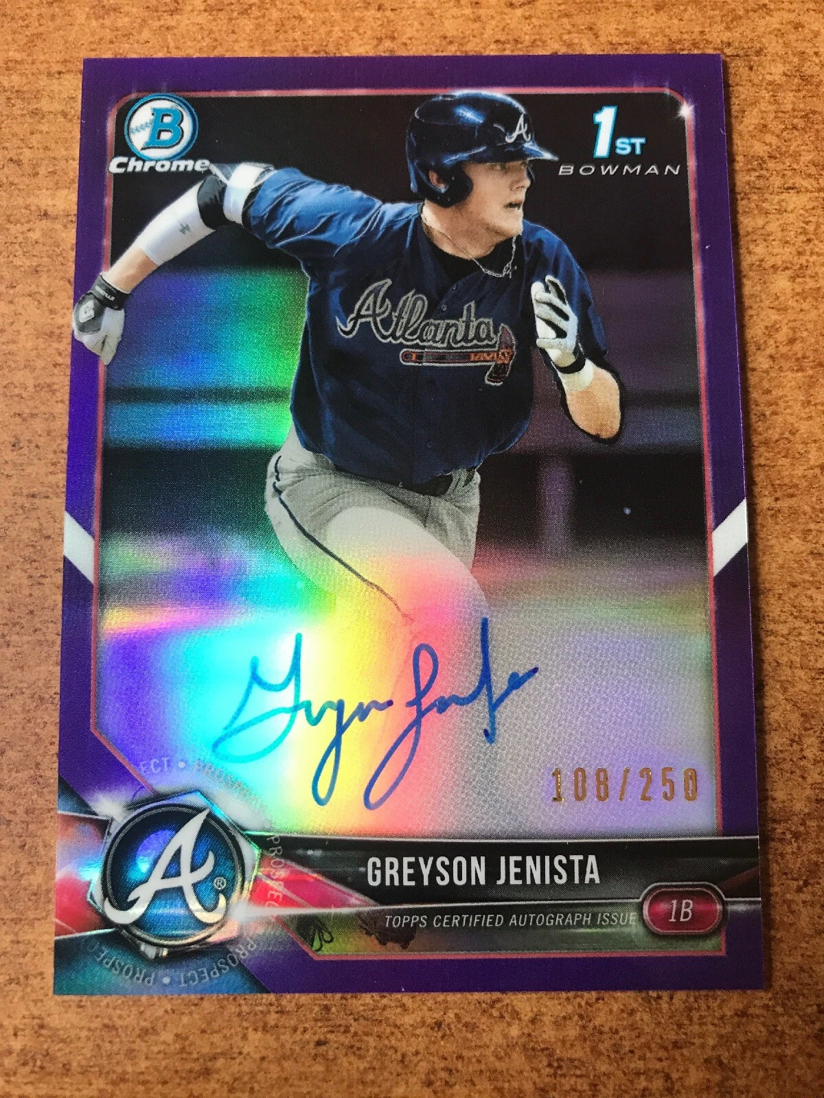 2018 Bowman Draft Greyson Jenista Purple Chrome Refractor AUTO SP /250 Braves
