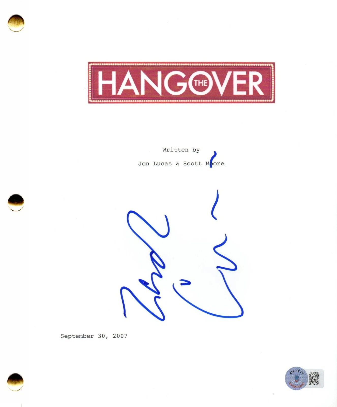 ZACH GALIFIANAKIS SIGNED THE HANGOVER FULL SCRIPT AUTHENTIC AUTOGRAPH BECKETT COLLECTIBLE MEMORABILIA