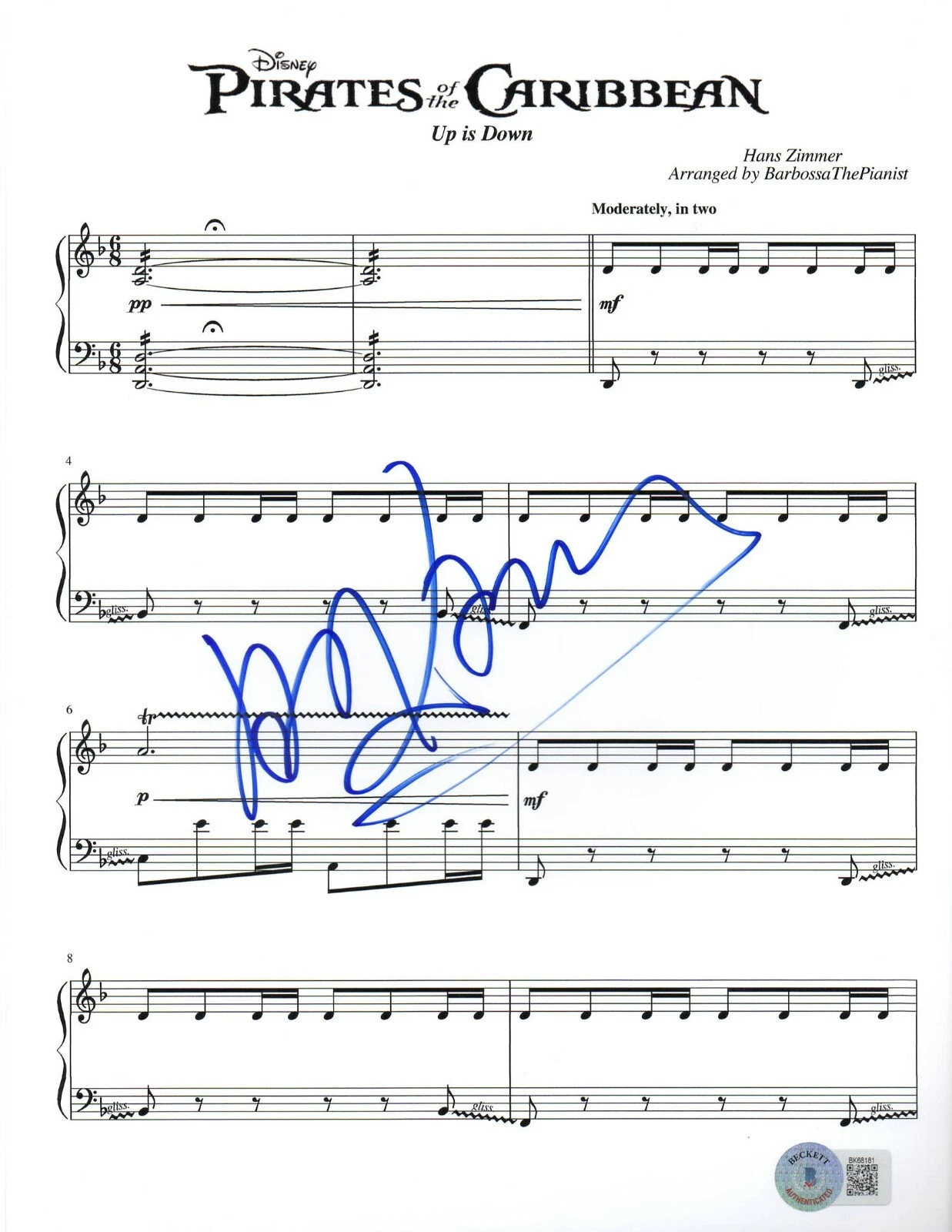 Hans Zimmer Signed Sheet Music Pirates of the Caribbean Up is Down Auto Beckett
