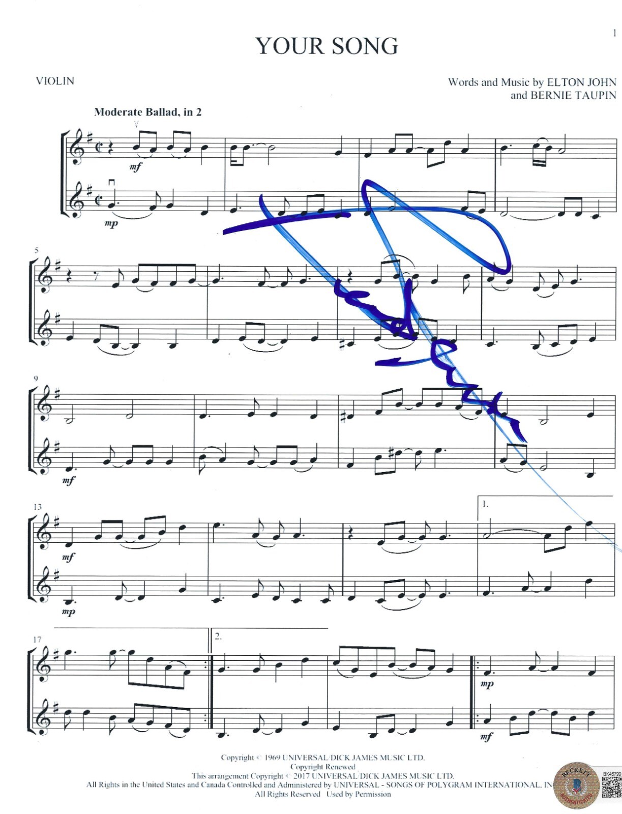 Bernie Taupin Signed Young Song Sheet Music Elton John Autograph Beckett
