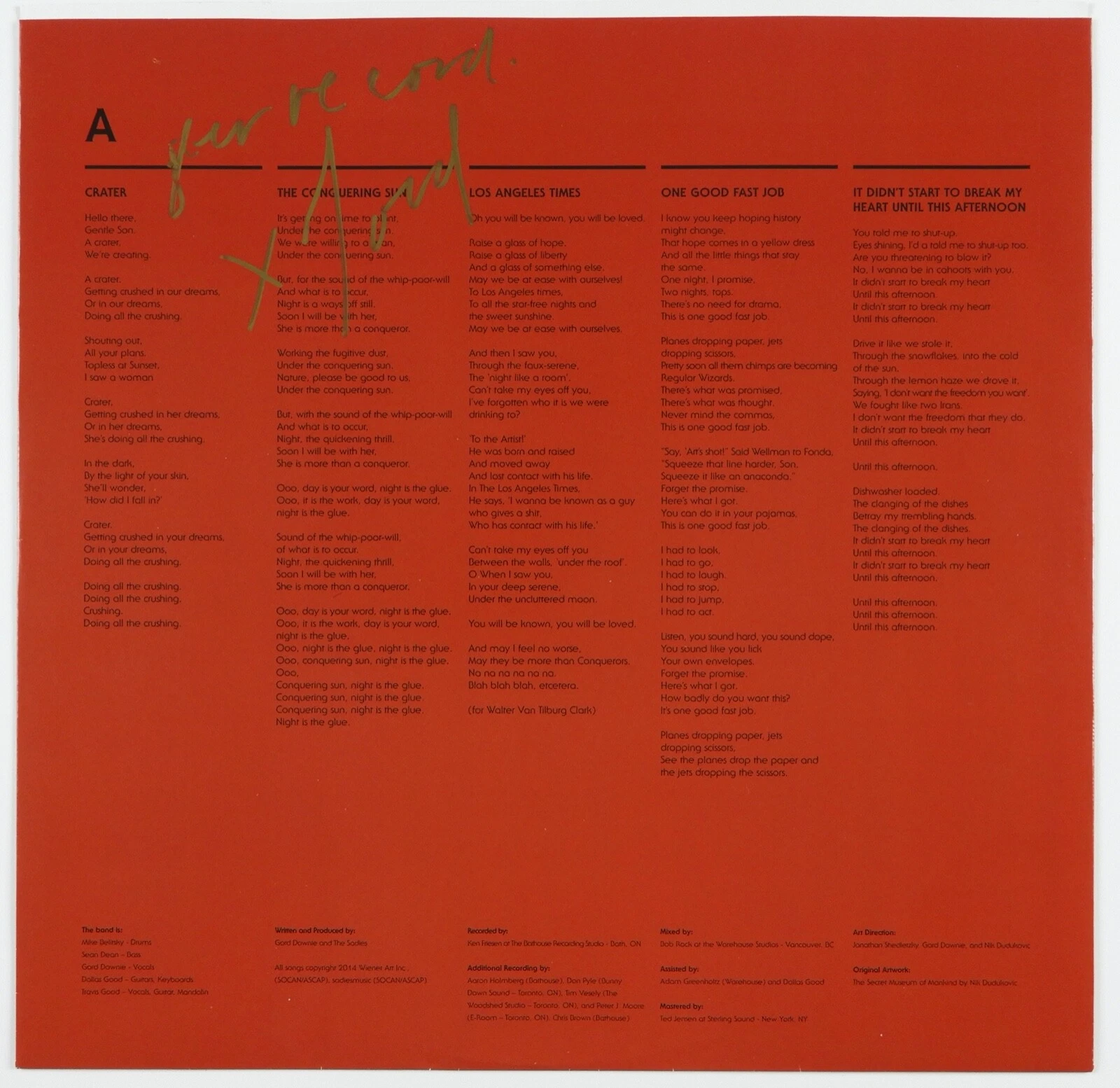 Gord Downie The Tragically Hip JSA Signed Album Inner Sleeve
