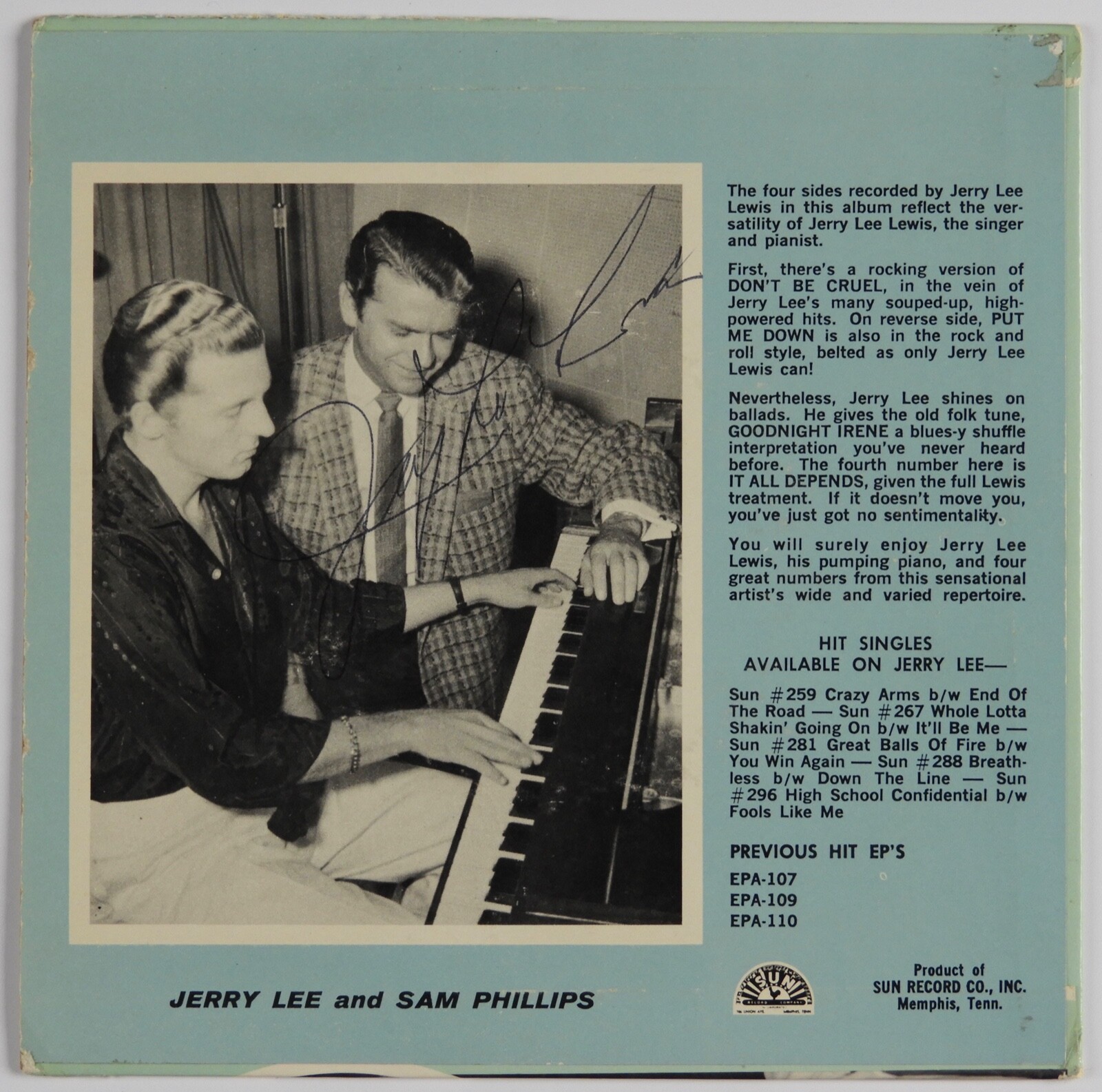 Jerry Lee Lewis Signed Autograph JSA 45 Original Sun Record Sleeve EP-108
