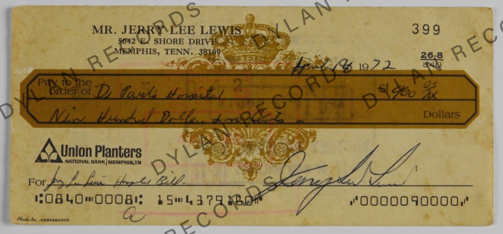 Jerry Lee Lewis JSA Signed Autograph Check 1972
