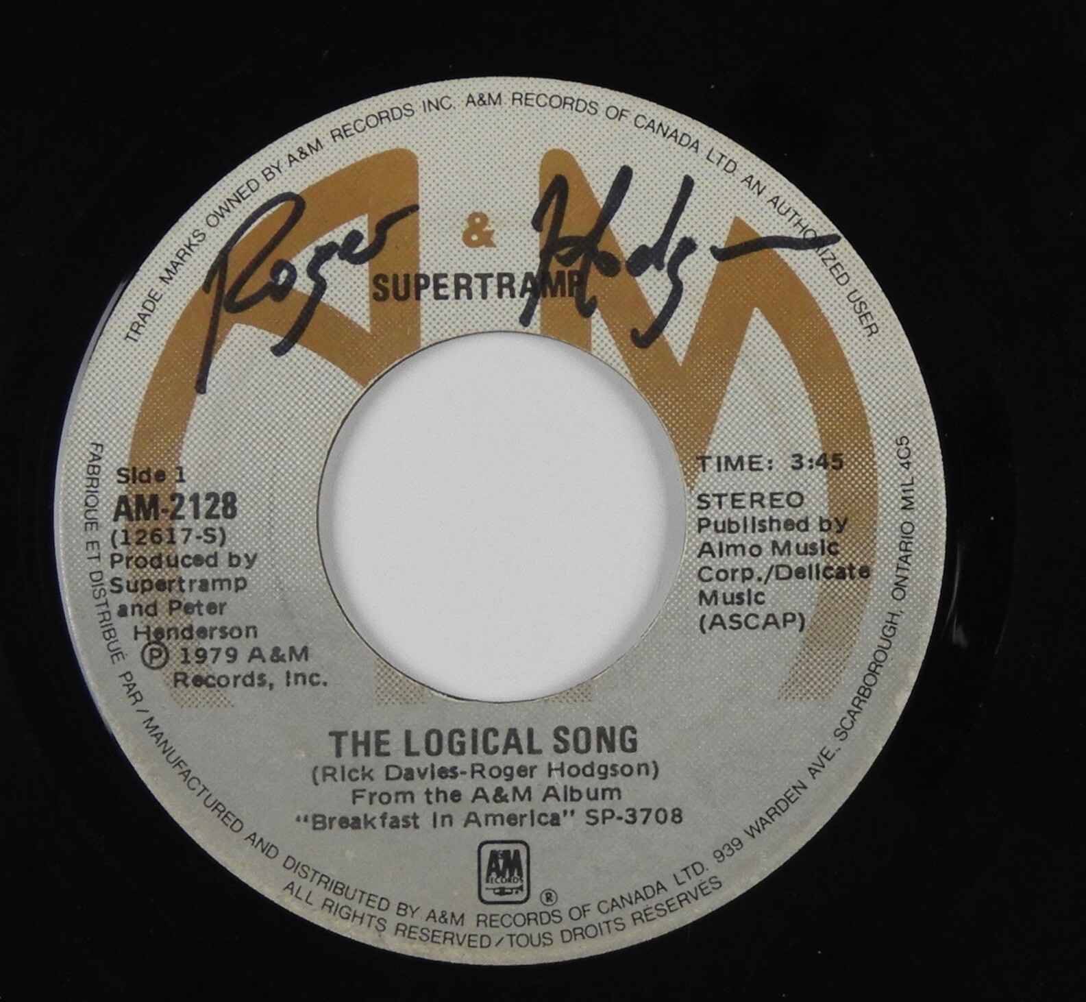 Roger Hodgson Supertramp Signed Autograph 45 JSA Vinyl Record The Logical Song
