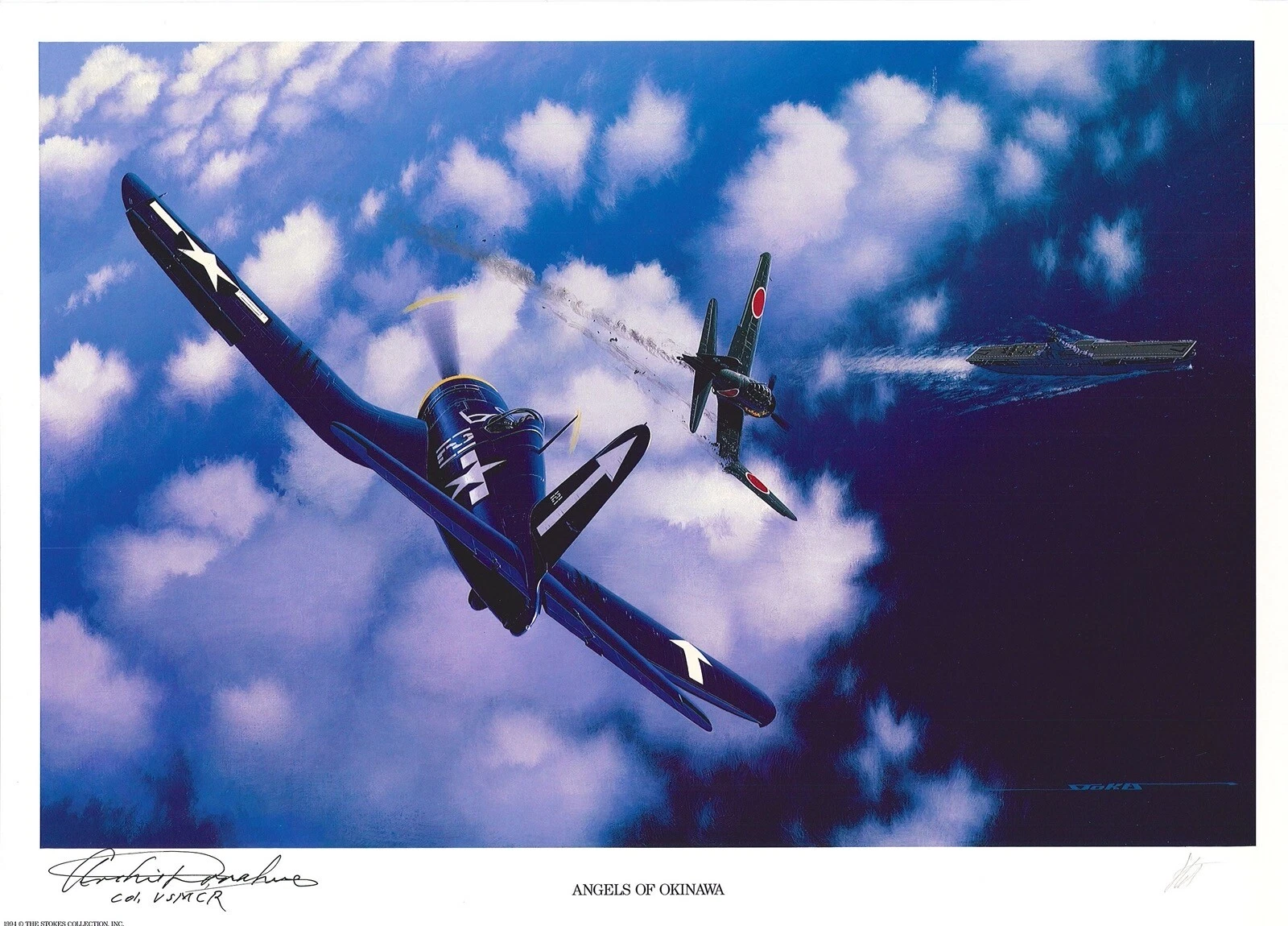 ARCHIE DONAHUE HAND SIGNED ANGELS OF OKINAWA PRINT STAN STOKES WWII ACE (D)
