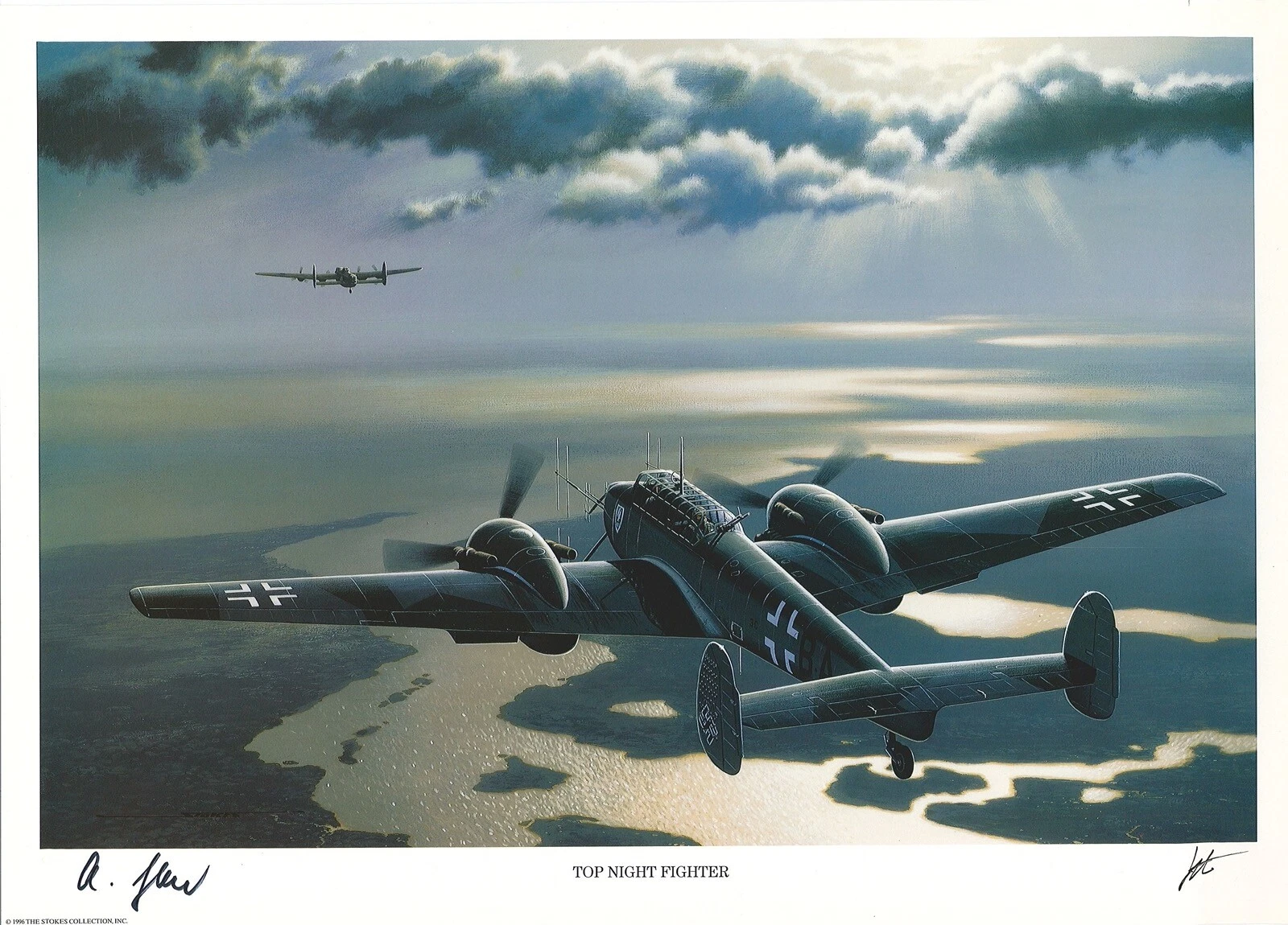 HANS JOACHIM JABS HAND SIGNED TOP NIGHT FIGHTER PRINT STAN STOKES WWII ACE
