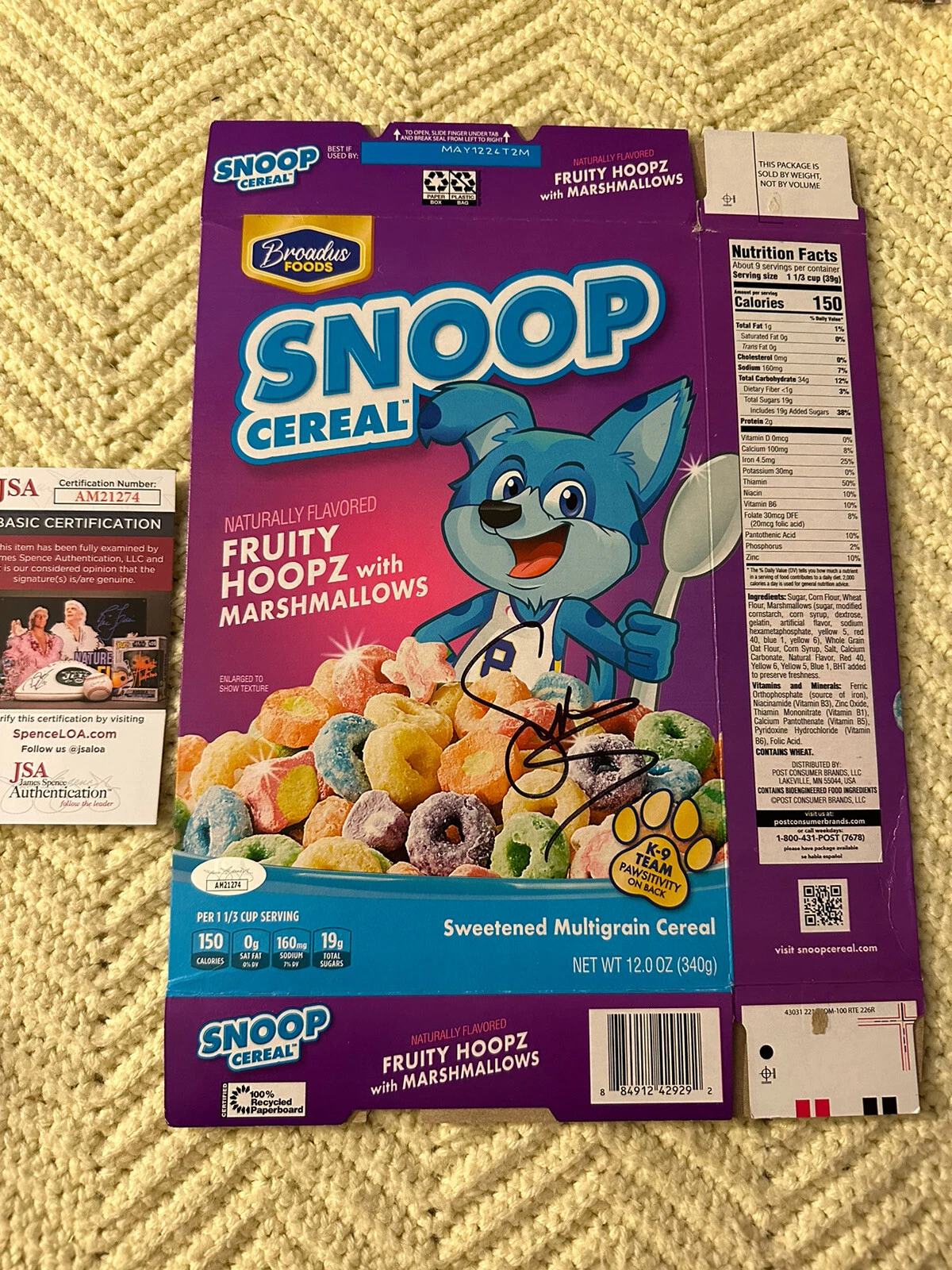 Snoop Dogg Signed Cereal Box Autographed JSA Authentication COA
