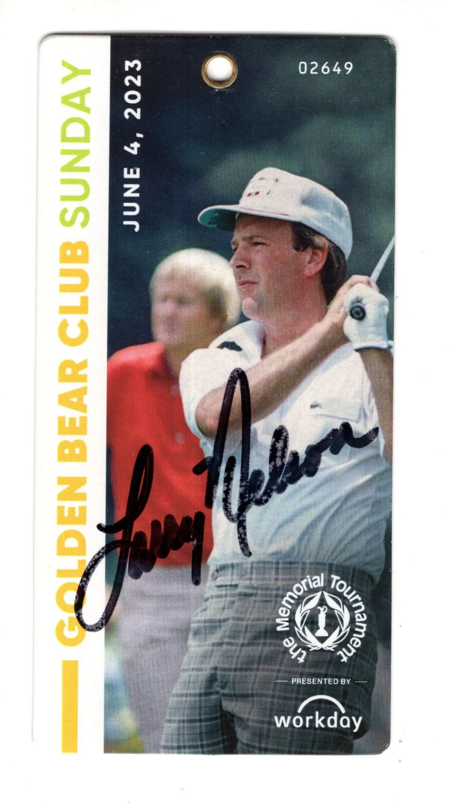 LARRY NELSON HAND SIGNED 2023 MEMORIAL TOURNAMENT GOLF BADGE+COA GOLF LEGEND

