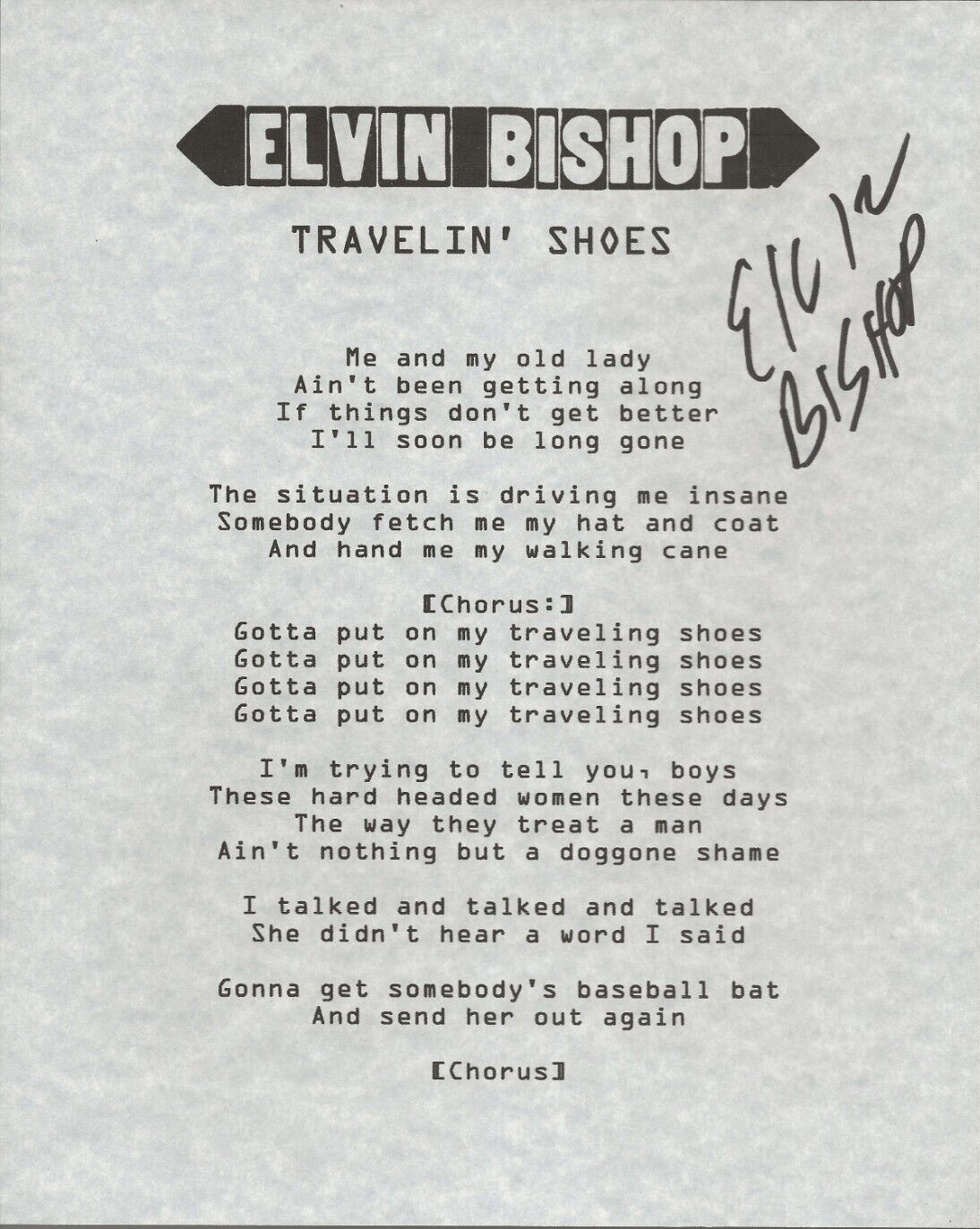 Elvin Bishop REAL SIGNED Travelin' Shoes lyric sheet COA Butterfield Blues
