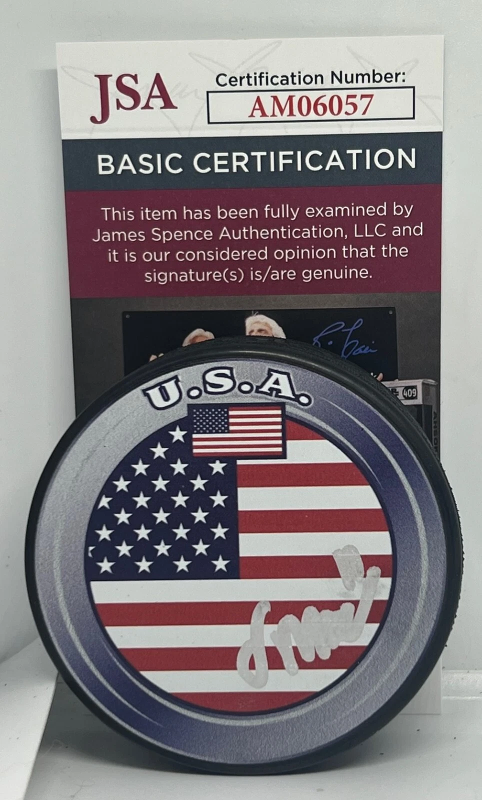 Oliver Moore Chicago Blackhawks signed Team USA Flag Puck autographed JSA
