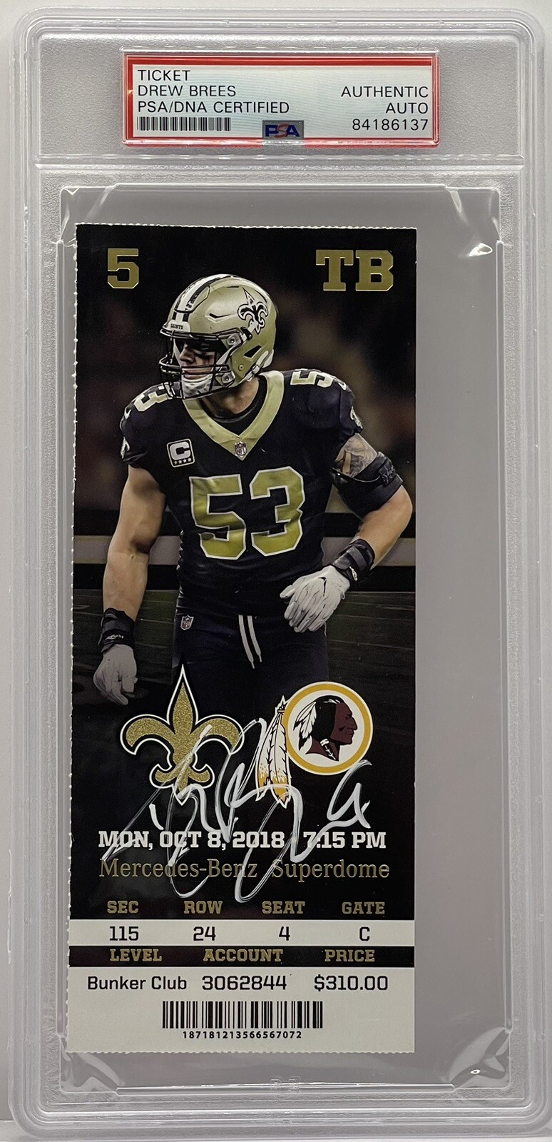 Drew Brees Signed Autographed Passing Record Ticket New Orleans Saints Psa/Dna
