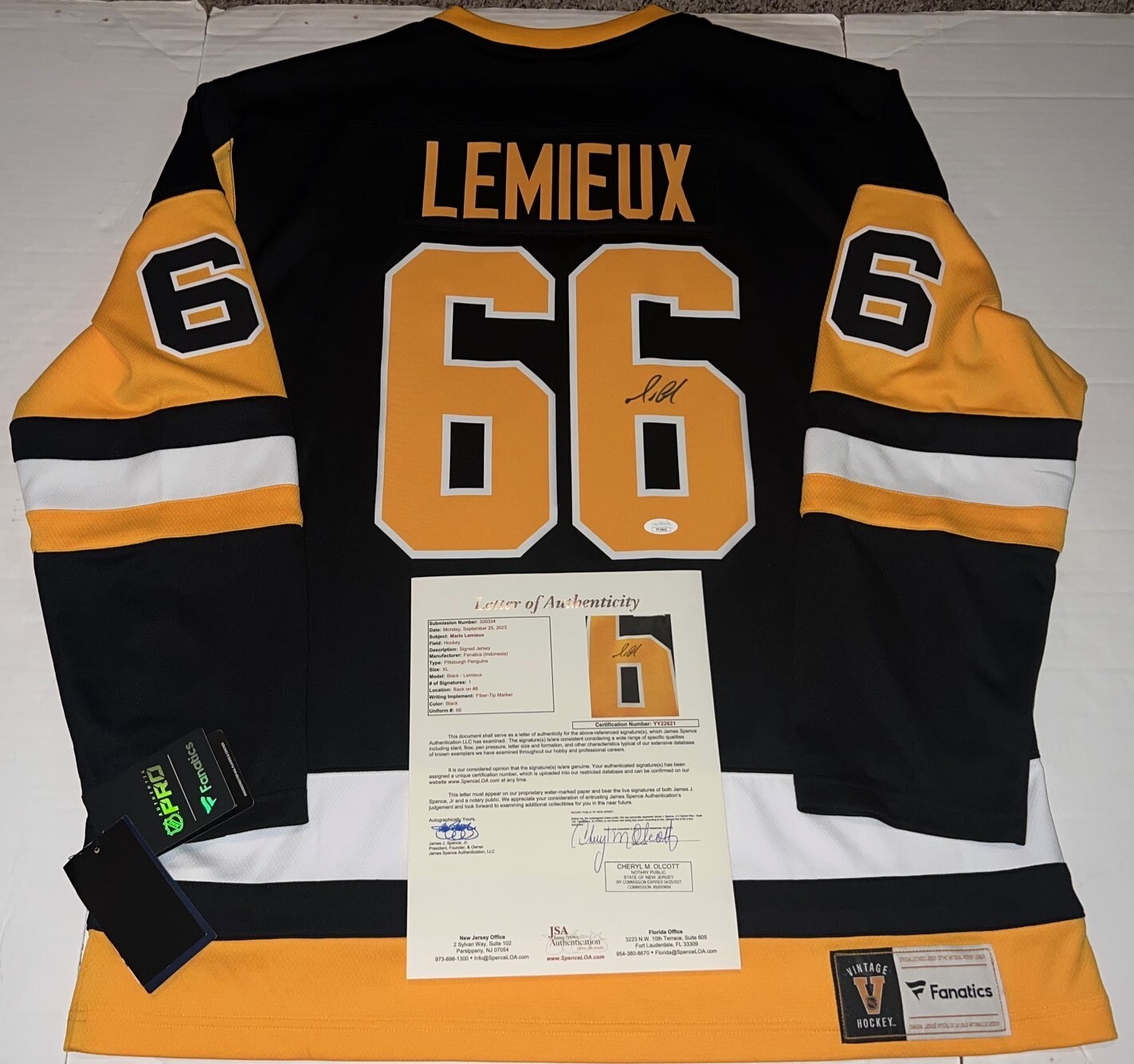 Mario Lemieux signed Pittsburgh Penguins Fanatics Branded XL jersey JSA LOA
