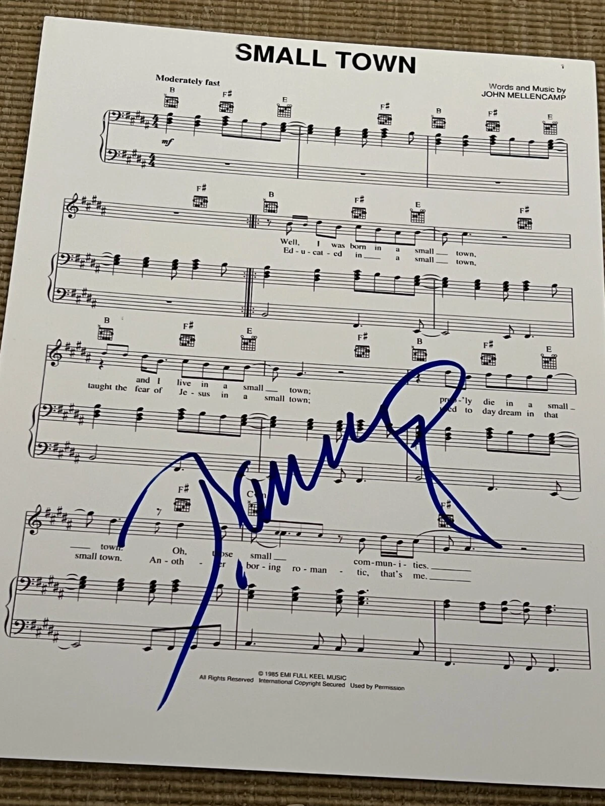 JOHN MELLENCAMP SIGNED AUTOGRAPH SHEET MUSIC SMALL TOWN ROCK BAS COA AUTO D
