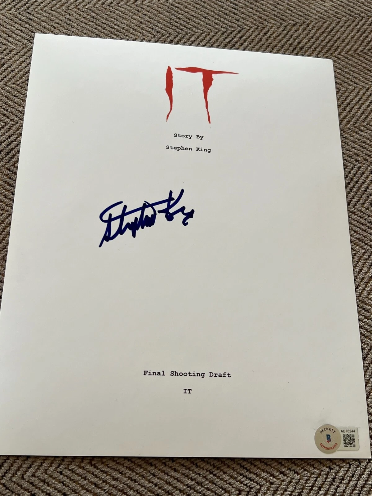 STEPHEN KING SIGNED AUTOGRAPH MOVIE SCRIPT IT FULL PAGES BECKETT BAS COA AUTO D
