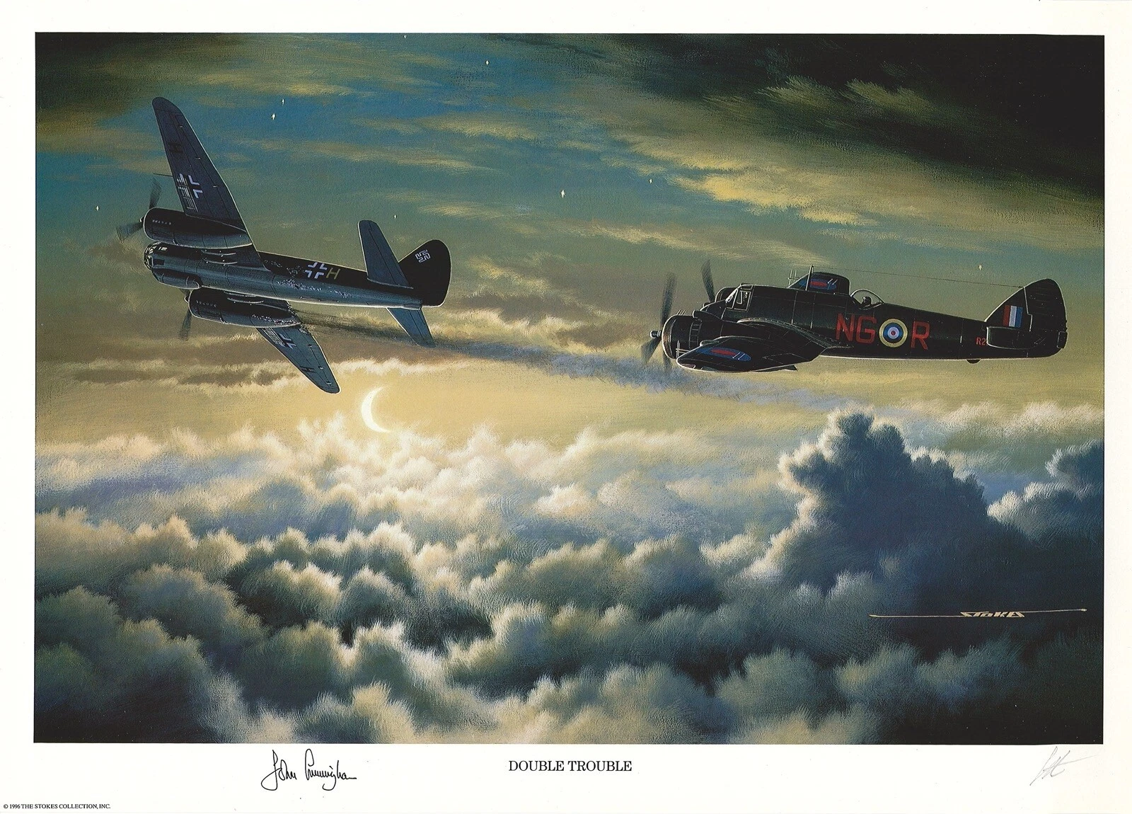 JOHN CUNNINGHAM HAND SIGNED DOUBLE TROUBLE PRINT STAN STOKES WWII RAF PILOT
