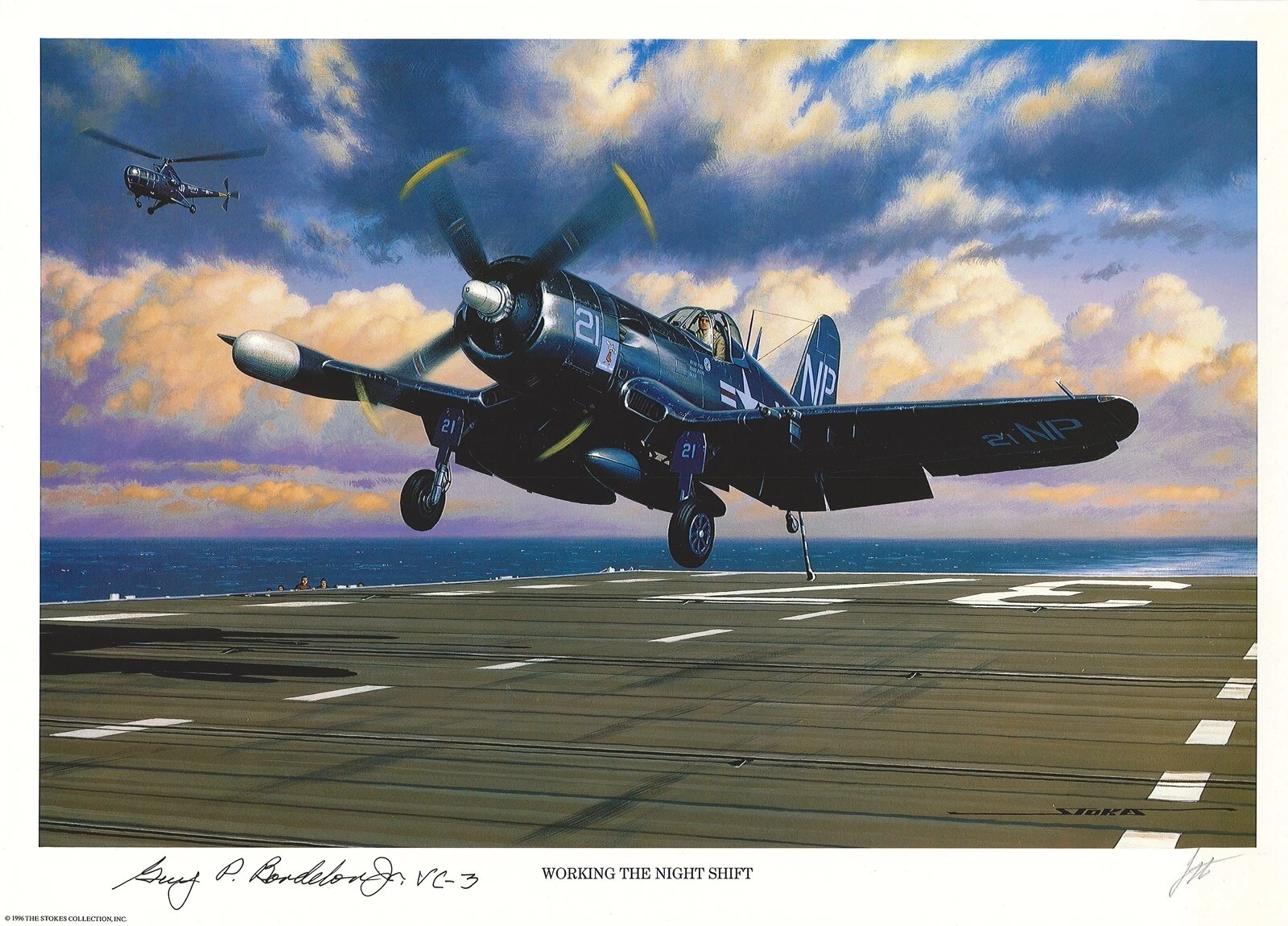 GUY BORDELON HAND SIGNED WORKING THE NIGHT SHIFT PRINT STAN STOKES WWII ACE
