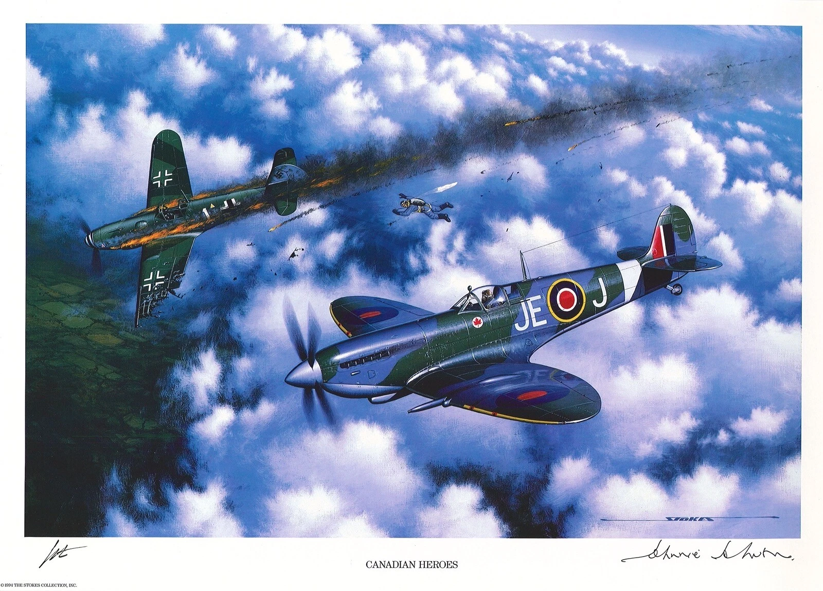 JOHNNIE JOHNSON HAND SIGNED CANADIAN HEROES PRINT STAN STOKES WWII ACE RAF
