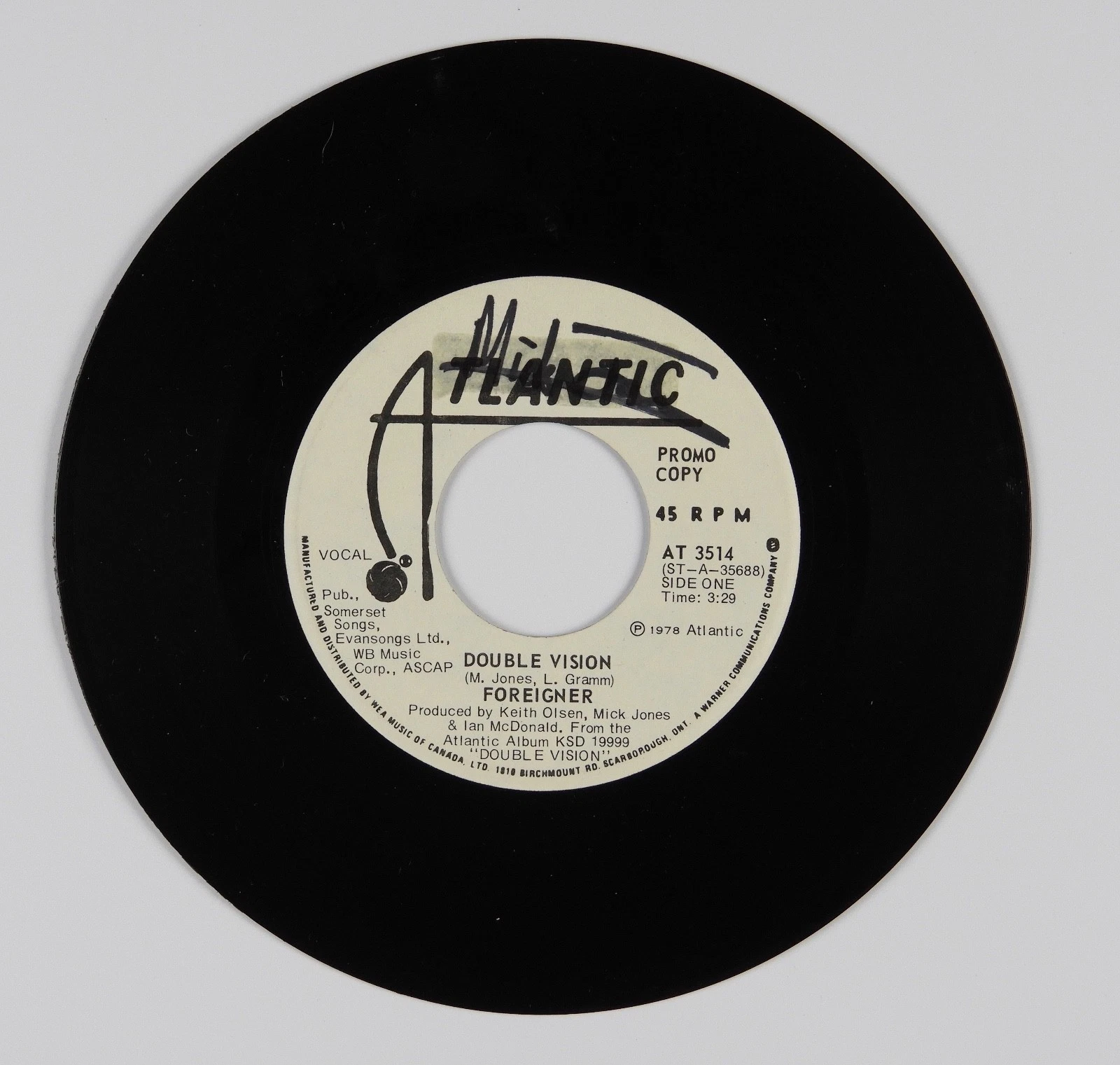 Mick Jones Foreigner Signed Autograph 45 JSA Vinyl Record Double Vision
