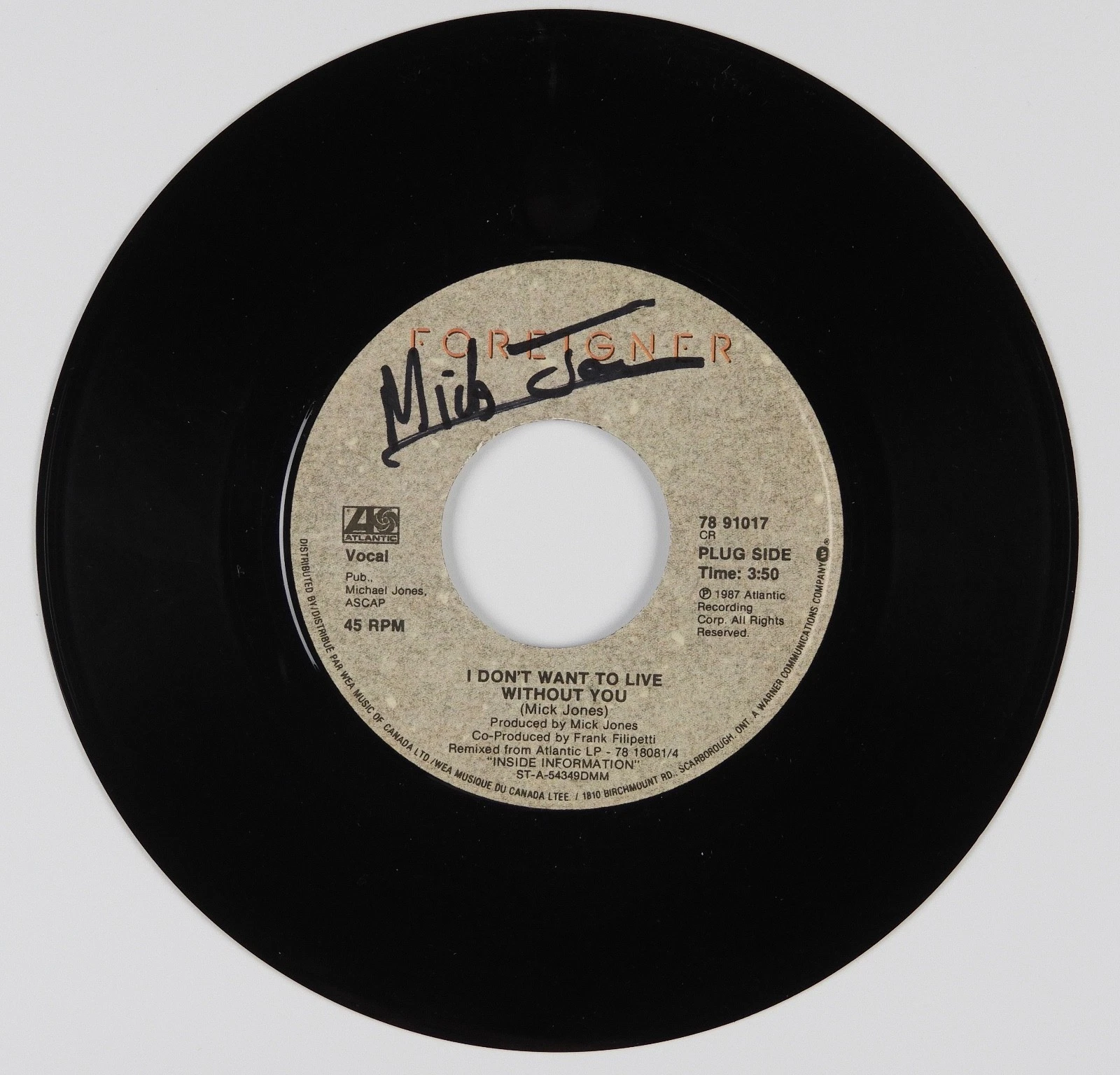 Mick Jones Foreigner Signed Autograph 45 JSA Vinyl Record I Don't Want To Live
