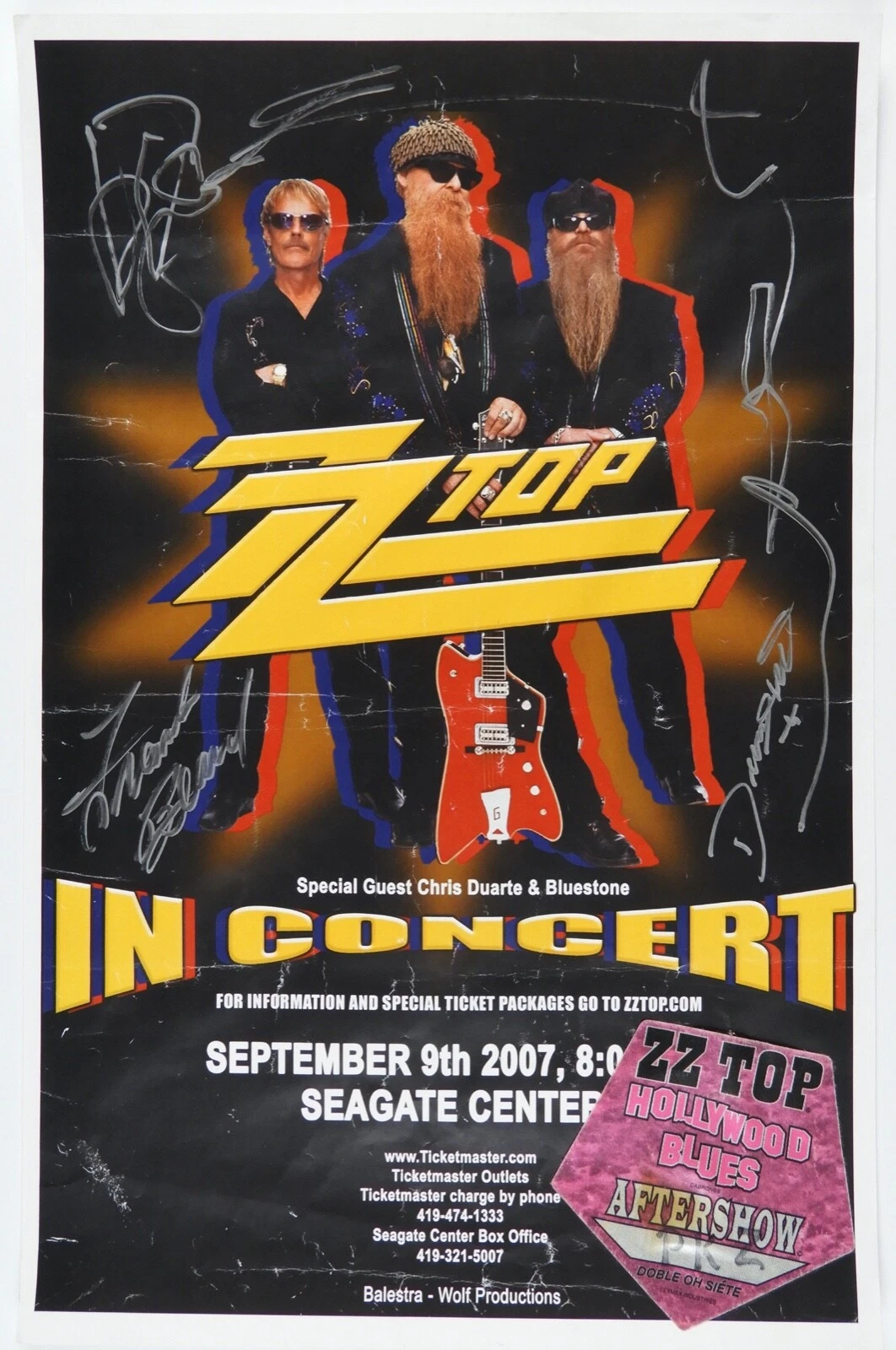 ZZ TOP FULLY SIGNED AUTOGRAPH CONCERT POSTER JSA DUSTY HILL BILLY FRANK COLLECTIBLE MEMORABILIA