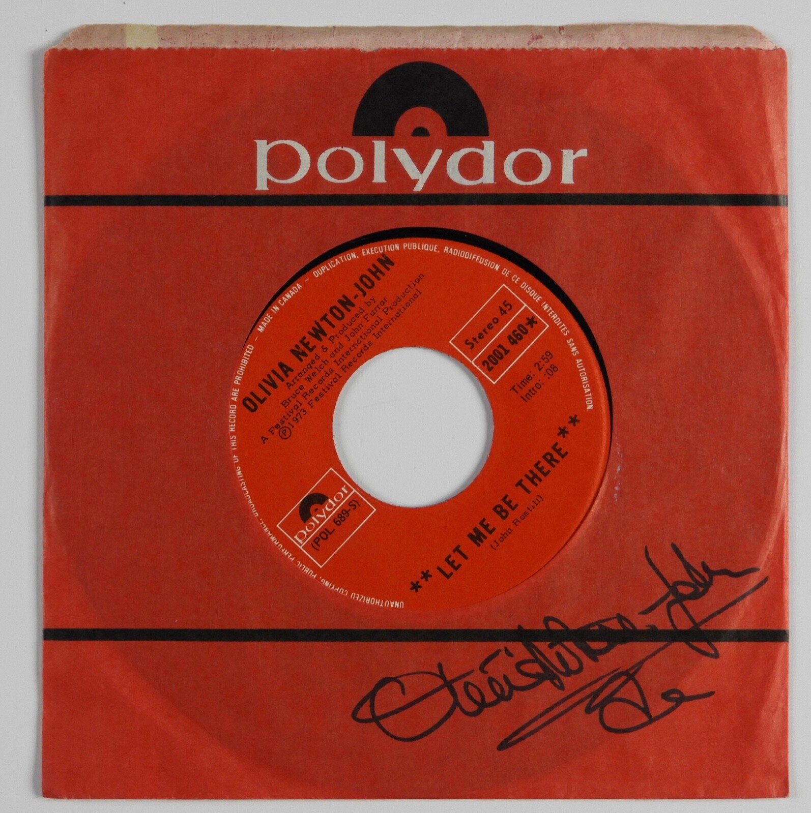 Olivia Newton-John JSA Autograph Signed 45 Record Let Me Be There
