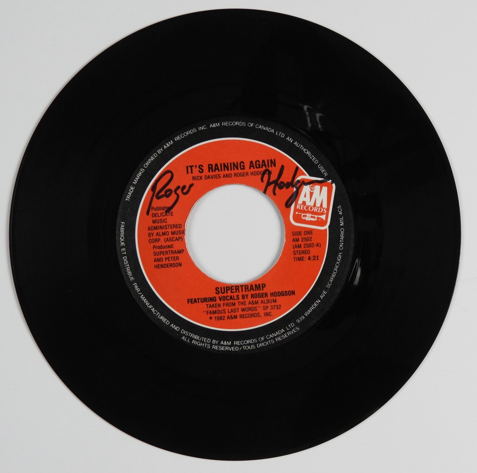 Roger Hodgson Supertramp Signed Autograph 45 JSA Vinyl Record It's Raining Again
