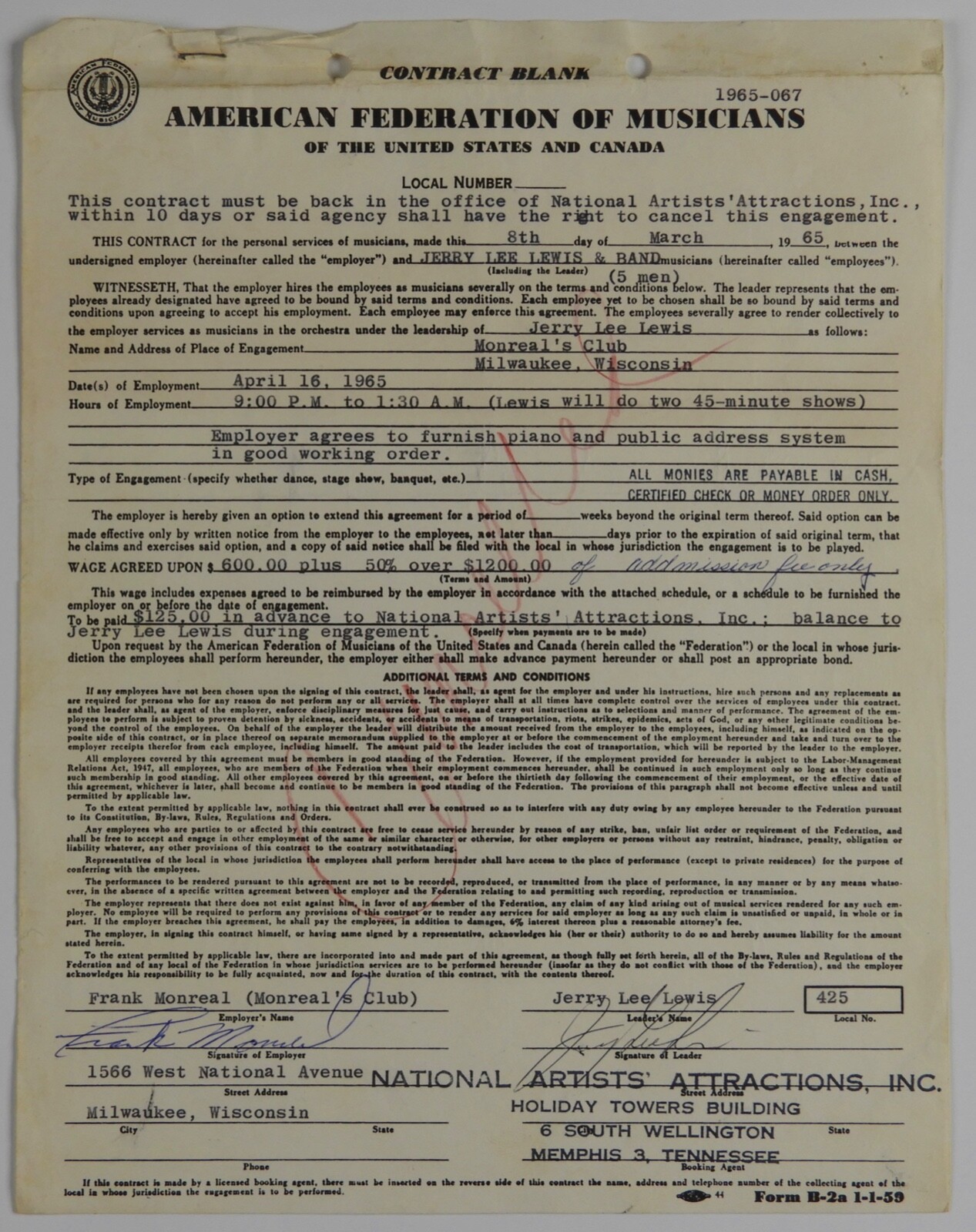 Jerry Lee Lewis JSA Signed Autograph Contract 1965 Milwaukee, WI
