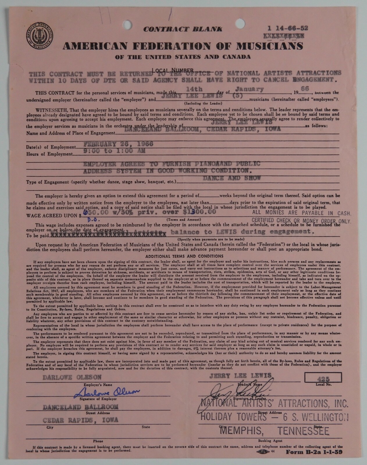 Jerry Lee Lewis JSA Signed Autograph Contract 1966 Cedar Rapids IA
