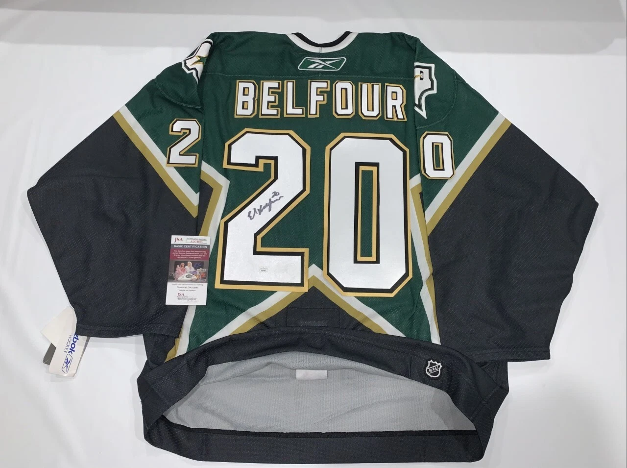 ED BELFOUR SIGNED RBK ON ICE DALLAS STARS 1999 STANLEY CUP JERSEY JSA COA
