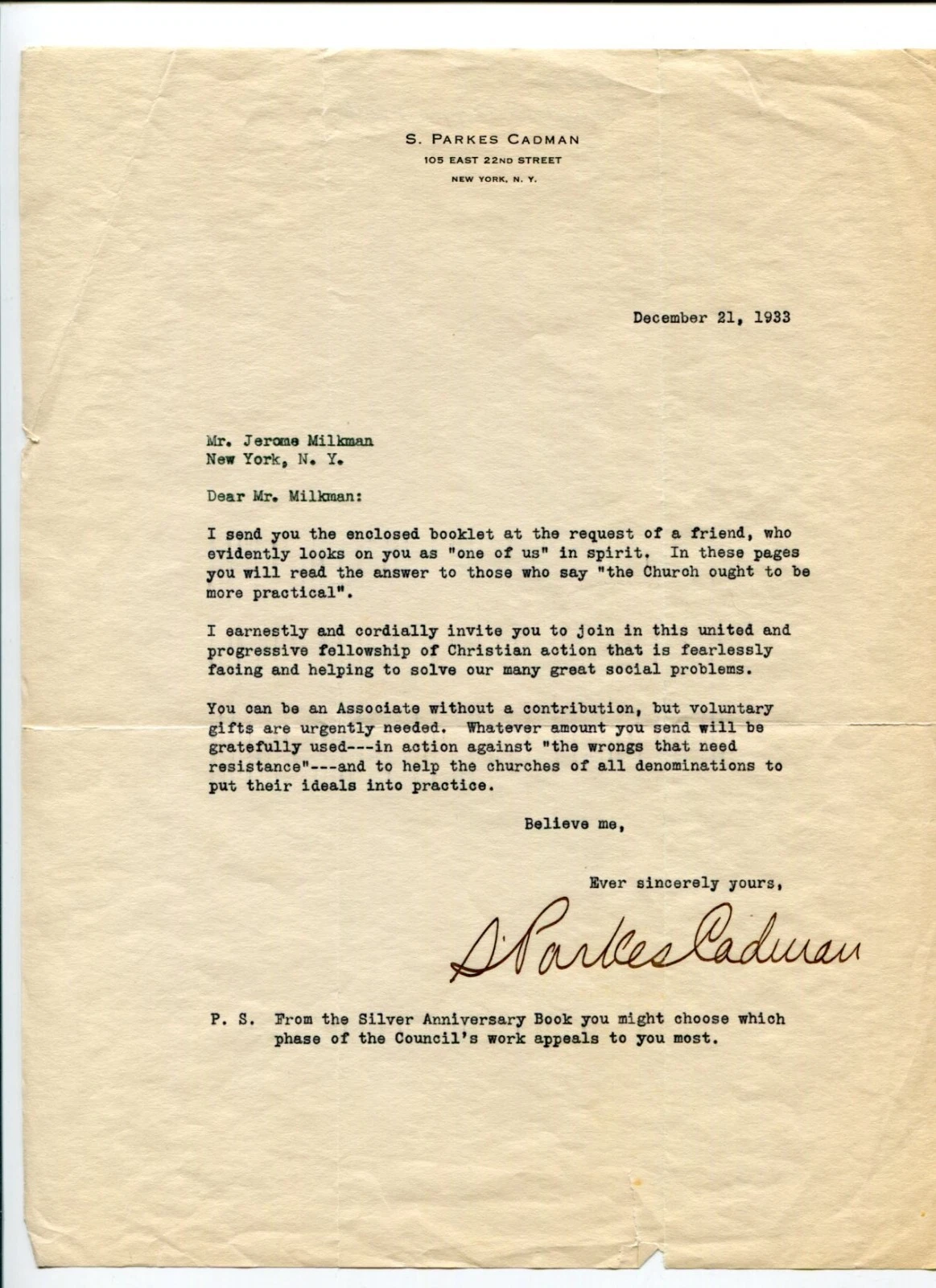 S. Parkes Cadman Author Clergy Christian Radio Pioneer Signed Autograph TSL
