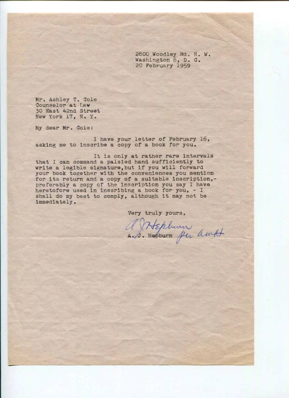 Admiral Arthur Japy Hepburn US Commander US Fleet Submarine Signed Autograph TSL
