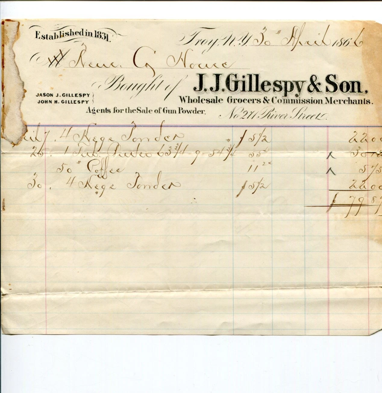 J. J. Gillespy And Son Wholesale Grocer Troy New York Signed 1866 Receipt
