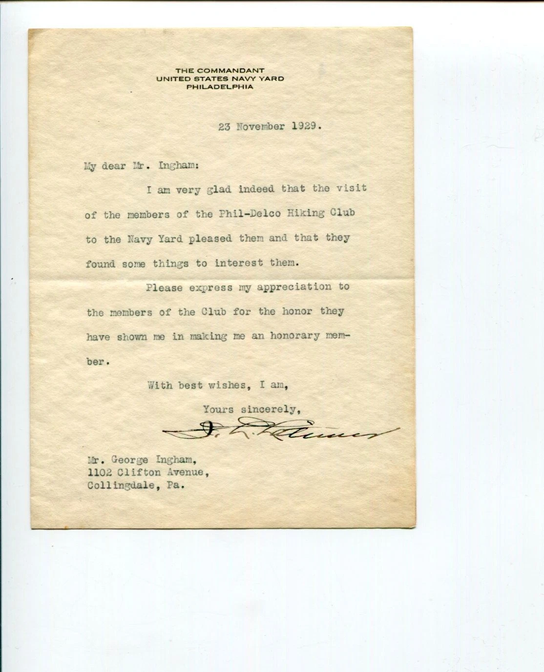 Rear Admiral Julian L. Latimer Navy Yard Commandant Signed Autograph TSL
