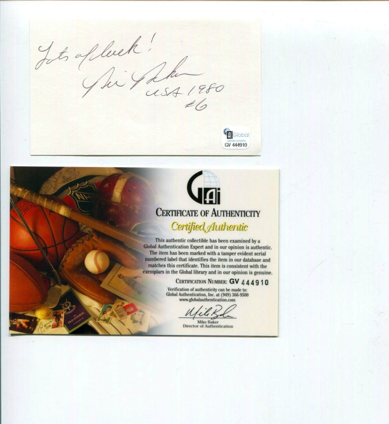 Bill Baker 1980 USA Olympic Gold Hockey Miracle on Ice Signed Autograph COA
