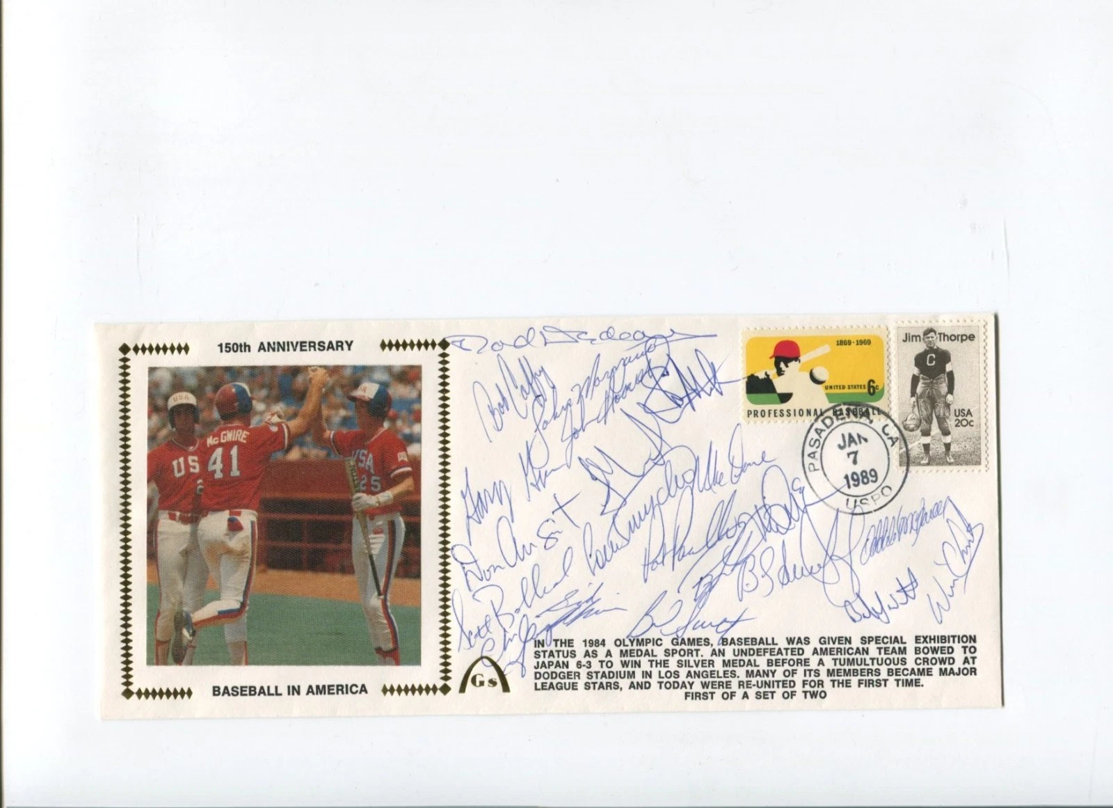 Will Clark Barry Larkin Mark McGwire 1984 Olympic Baseball Team Signed FDC JSA
