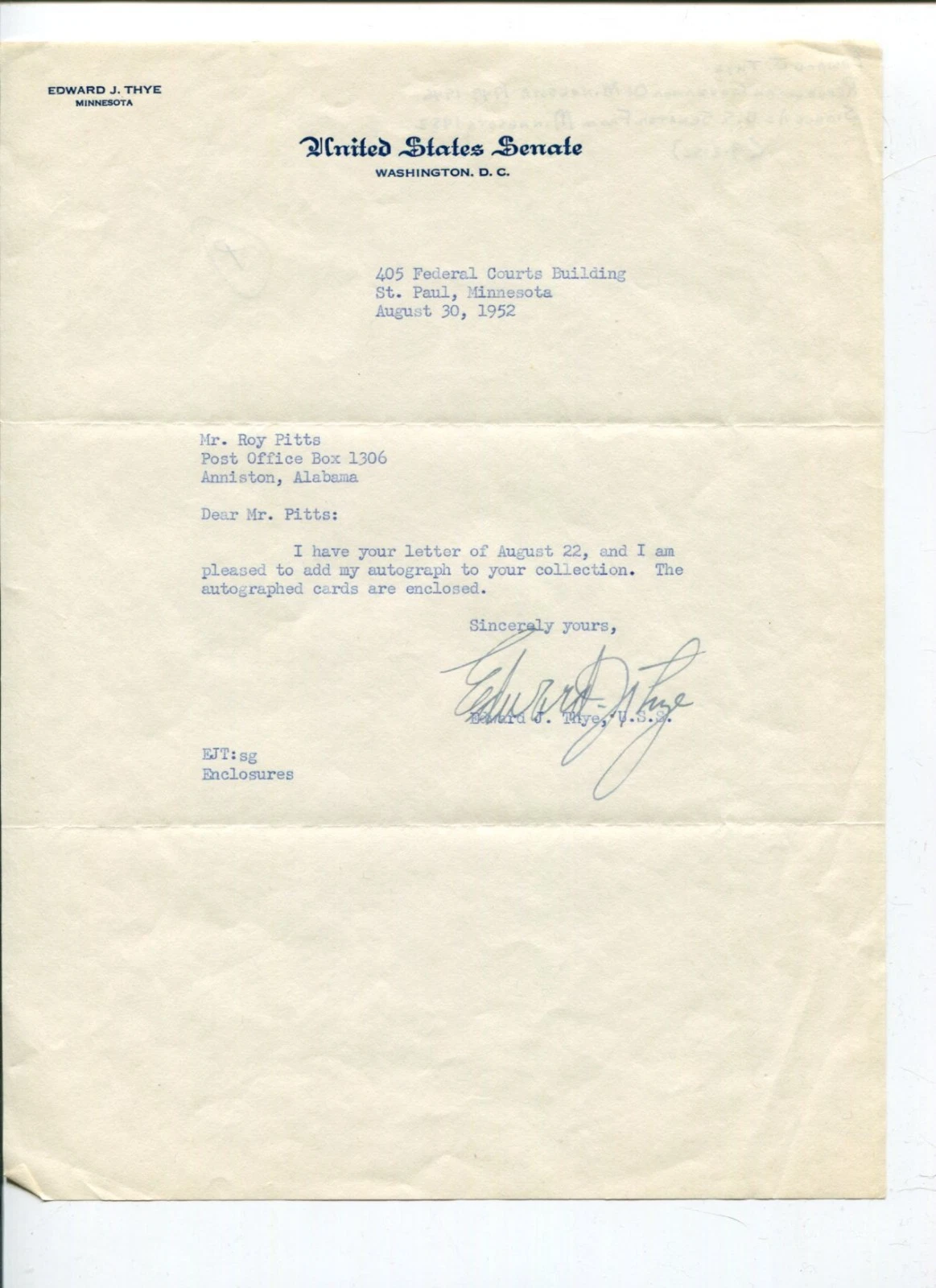 Edward John Thye Minnesota US Governor Senator Congress Signed Autograph TSL
