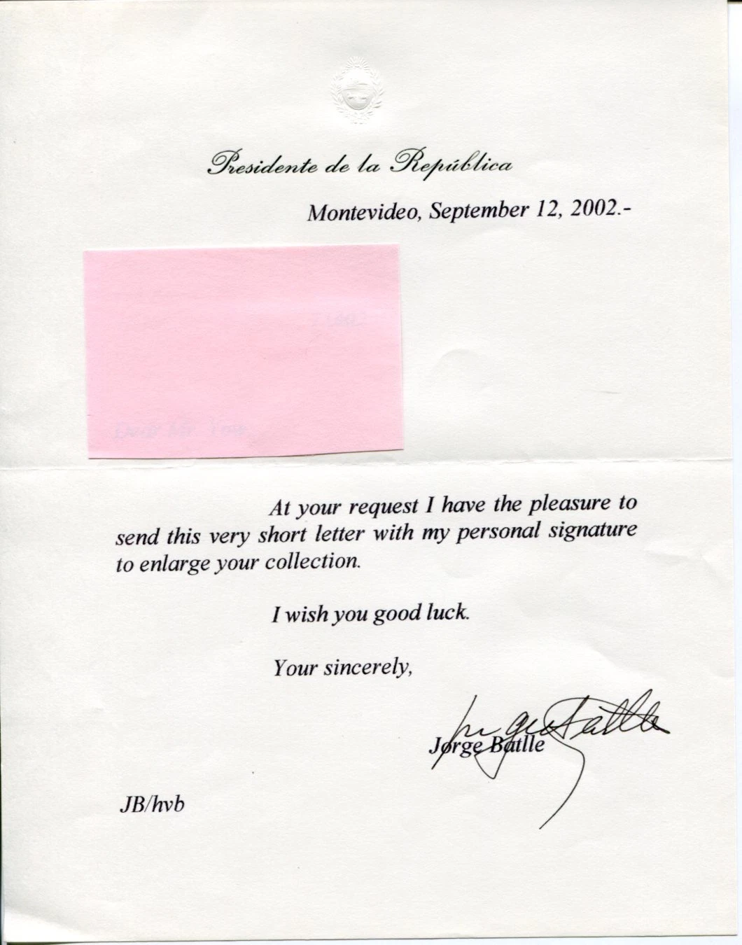 Jorge Batlle Ibanez President of Uruguay Signed Autograph Letter TSL
