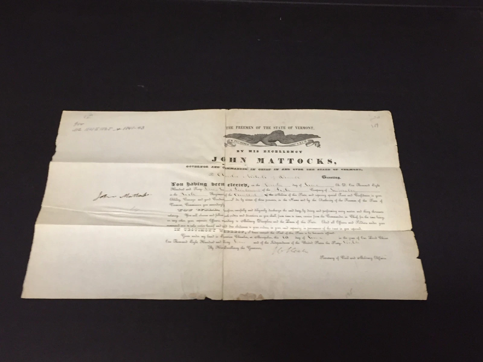 General John Mattocks War of 1812 Governor of Vermont Signed Autograph Document
