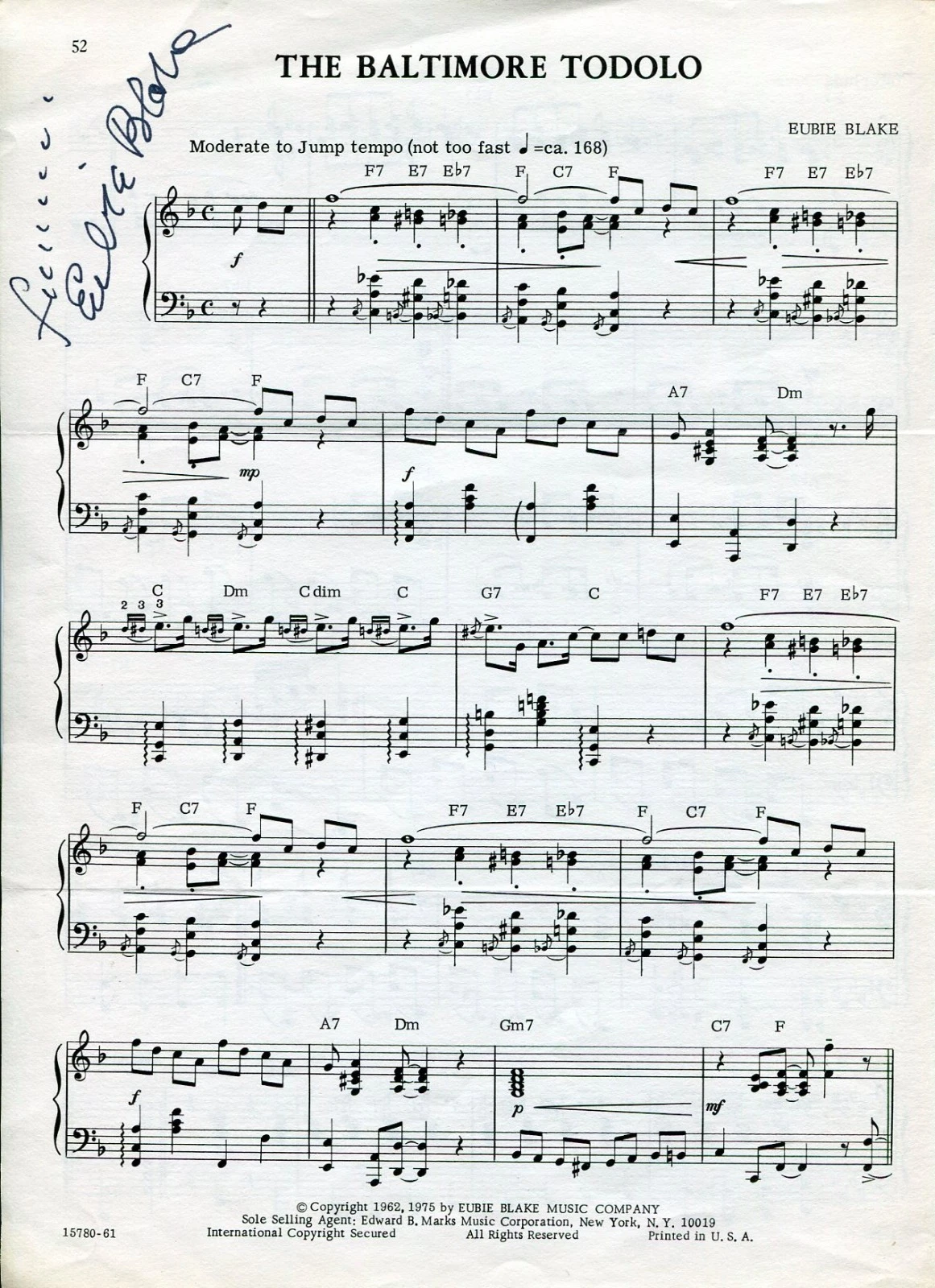 Eubie Blake Composer The Baltimore Todolo Rare Signed Autograph Sheet Music
