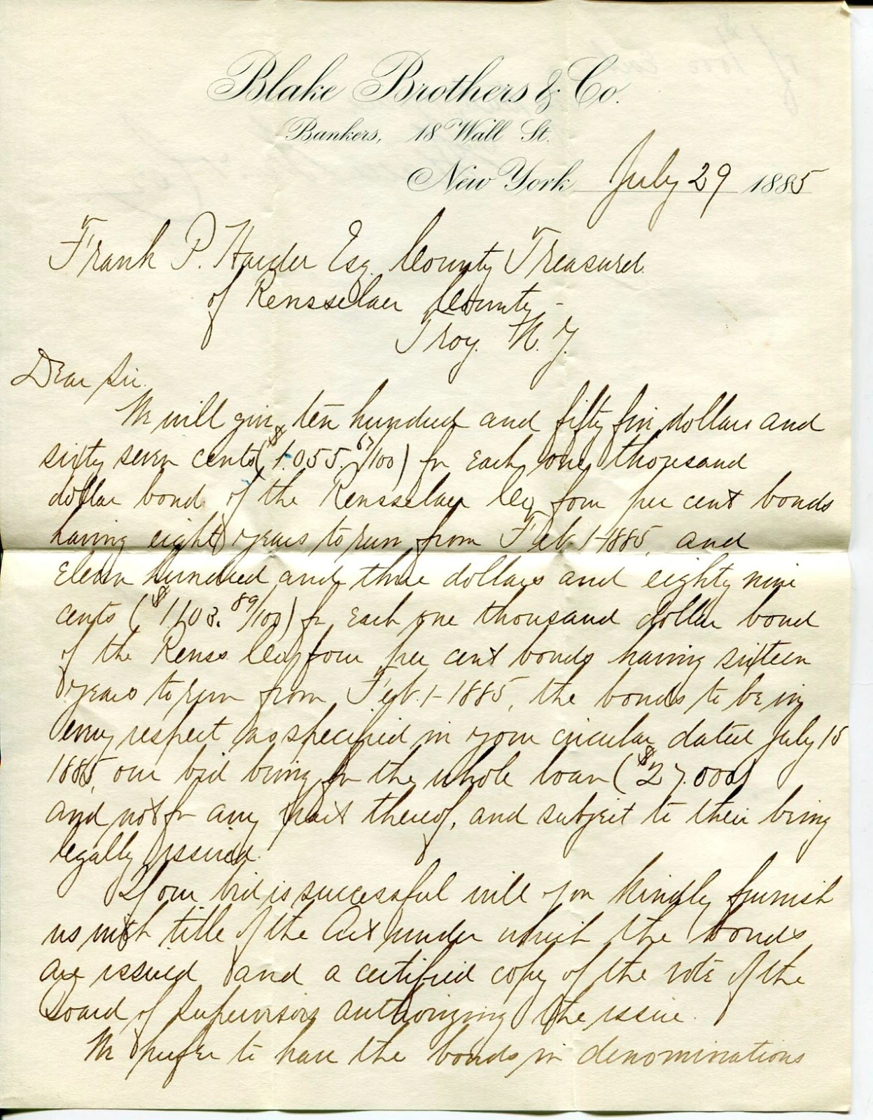 1885 Blake Brothers & Co To Rensselaer New York Treasurer Signed Autograph ALS

