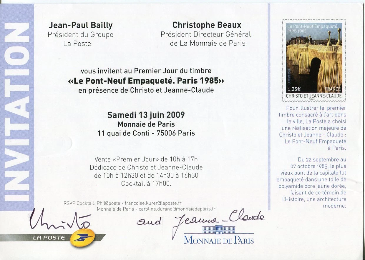 Christo and Jeanne-Claude Signed Autograph French Postal Stamp Event Invitation
