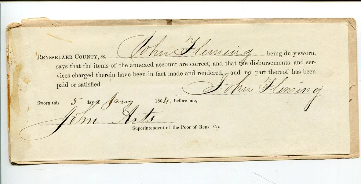 John Arts Superintendent of The Poor Rensselaer County Troy NY Signed Autograph
