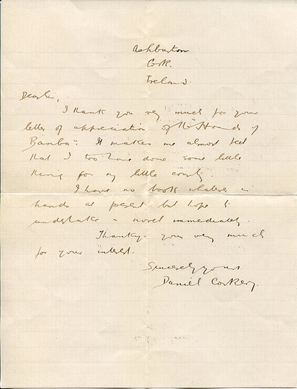 Daniel Corkery Irish Author Playwright The Hidden Ireland Signed Autograph ALS
