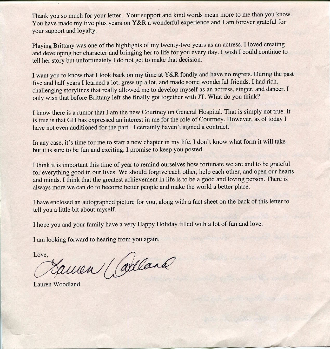 Lauren Woodland The Young and the Restless Alien Nation Signed Autograph TSL
